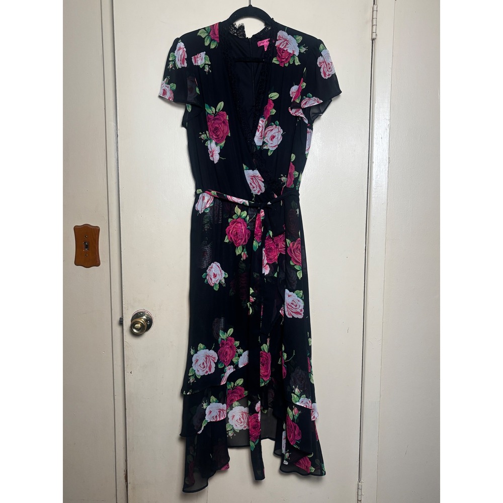 Betsey Johnson Wrap Midi Dress Womens 18W Black Pink Floral Chiffon Lace Ruffle